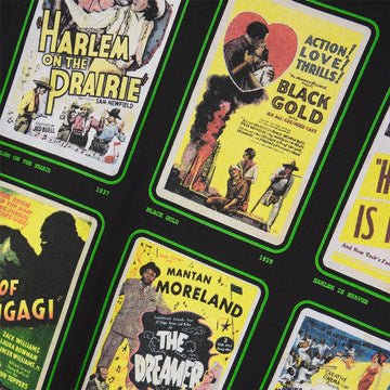 Collection of vintage movie posters with colorful text and graphics on a black background.